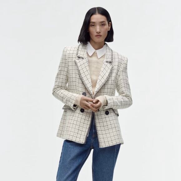 Zara Double Breasted Textured Weave Black and White Jacket Size Medium - Picture 1 of 14